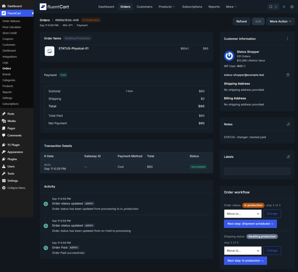 FluentCart 訂單頁上的訂單流程面板：目前狀態、可移動的目標與下一步按鈕